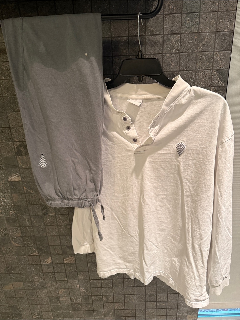Women's White Long-Sleeve Henley Lounge Tee with Gray Jogger Pants